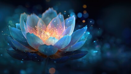 Fototapeta premium Glowing, luminous lotus flower in deep blue-toned background