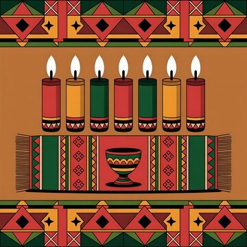 Kwanzaa celebration featuring seven candles kinara and a unity cup design