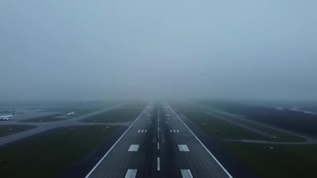 An atmospheric view of a deserted airport runway with markings leading into the heavy morning fog, symbolizing a journey into the unknown