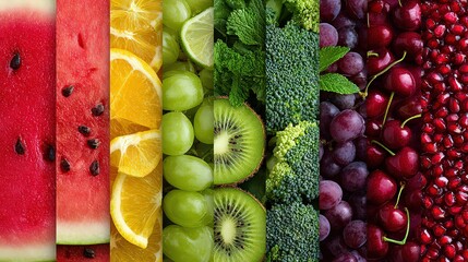 Rainbow Array of Fresh Fruits and Vegetables Showing Watermelon Orange Kiwi Grapes Broccoli Pomegranate
