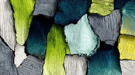 Closeup abstract texture of irregular torn paper or stone fragments in shades of green, blue, gray, and yellow, with visible wood grain details