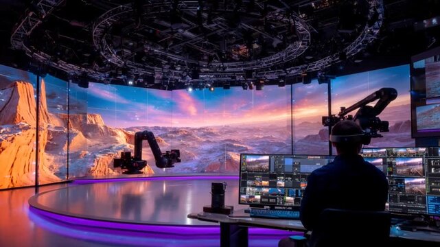 Creative Professional Using Virtual Production Technology with an Immersive Alien Landscape Displayed on a Curved LED Screen