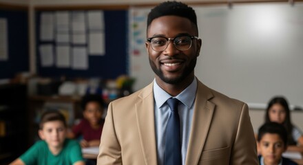 Teacher stands proudly in classroom with engaged students during a lesson in midday sunlight