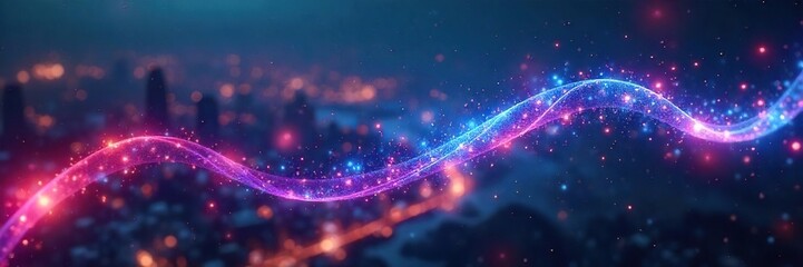 Ethereal Data Cord Illuminates Futuristic Cityscape Vibrant Energy Pulses Through Cyberpunk Metropolis, Representing Seamless Digital Communication in a Modern World.
