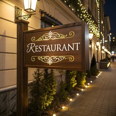 Warm Night Restaurant Exterior with Elegant Wooden Sign and Cozy Lighting
