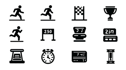 Set of running and racing icons with stopwatch and finish line.