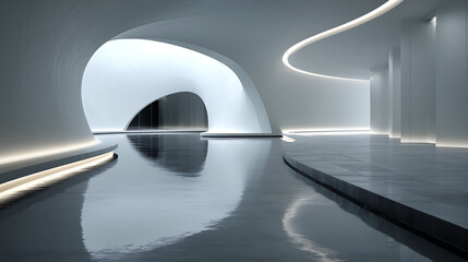 ultra minimal futuristic room with curved white walls