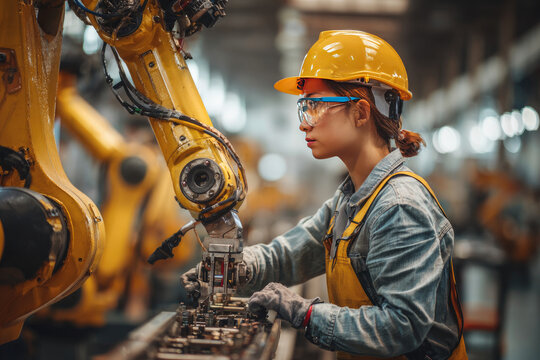 Professional and intelligence female engineer used her technical hard skill to fix, repair or maintenance machine robotic arm in factory or industrial, examining or welding automobile machine workshop