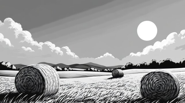 Black and White Landscape with Hay Bales, Rolling Hills, Clouds, and Sunlight in Rural Setting