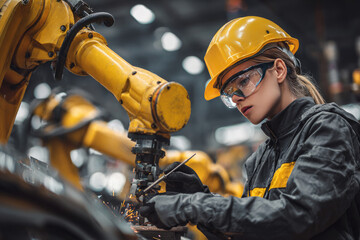 Professional and intelligence female engineer used her technical hard skill to fix, repair or maintenance machine robotic arm in factory or industrial, examining or welding automobile machine workshop