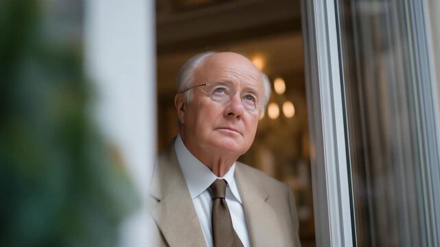 Retired butler showing reflective expression while closing grand mansion door for final time, emotion of peace mixed with melancholy, symbolizing emotional closure, loyalty, and the dignity of
