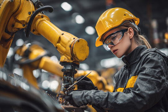 Professional and intelligence female engineer used her technical hard skill to fix, repair or maintenance machine robotic arm in factory or industrial, examining or welding automobile machine workshop