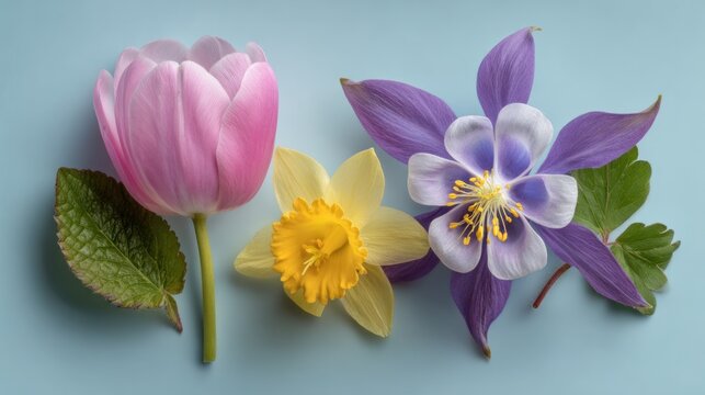 Three spring flowers on a pastel blue background. - Powered by Adobe