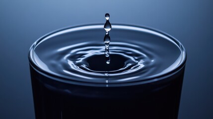 Water droplet creates ripples in glass reflecting blue light during a calm moment