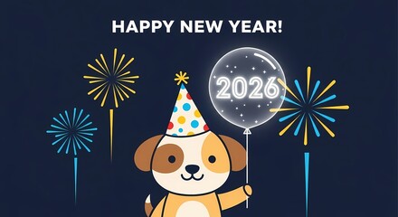 Naklejka premium Cute dog celebrating happy new year 2026 with fireworks and balloon