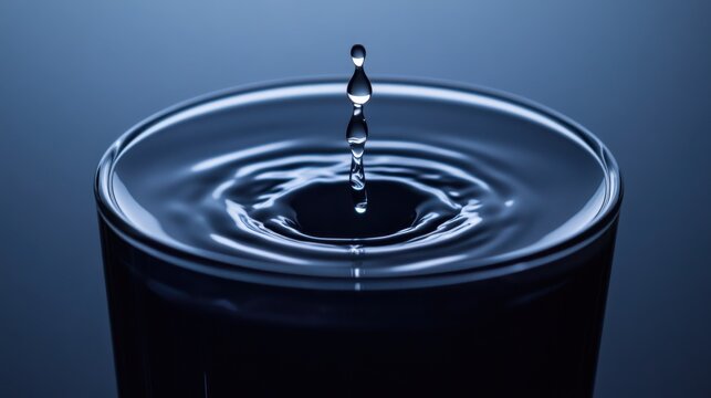 Water droplet creates ripples in glass reflecting blue light during a calm moment