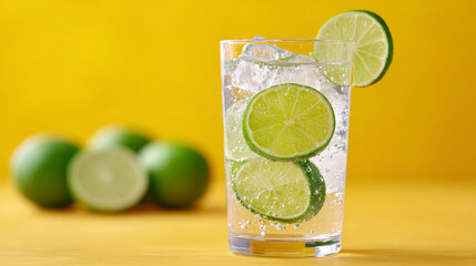 Refreshing bank holiday beverage with lime and ice cubes against vibrant background