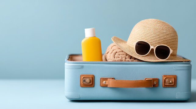 Celebrating bank holiday with open suitcase for summer travel essentials and beach accessories - Powered by Adobe