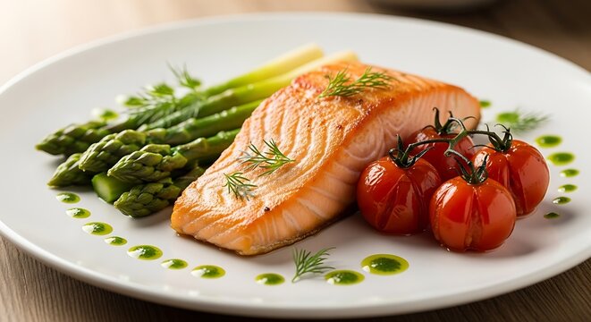 a plated meal featuring a salmon fillet, asparagus, and roasted tomatoes. The dish is arranged on a white plate and garnished with dill and sauce - Powered by Adobe