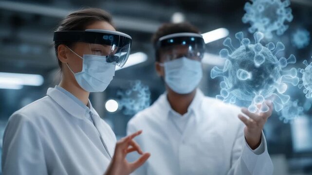 Scientists in sterile laboratory using AR interfaces to manipulate 3D virus models, expressing focused concentration and fascination, symbolizing cutting-edge biotechnology, digital research tools,