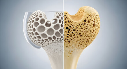 Obraz premium Osteoporosis and Healthy Bone Comparison. Medical Illustration of Normal and Weakened Human Bone Structure.
