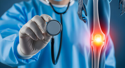 Doctor Diagnosing Knee Pain with Stethoscope and Digital Human Anatomy Visualization