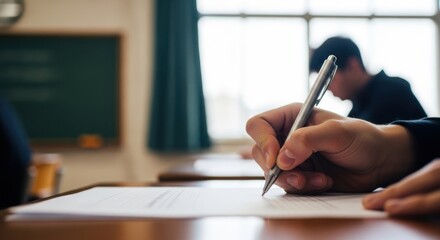 Students engaged in writing assignments in a classroom during a quiet afternoon session