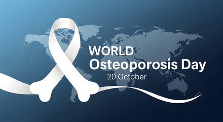World Osteoporosis Day Banner with Bone Ribbon and Global Map. International awareness graphic for bone health and disease prevention on October 20.