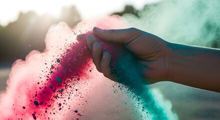 Vibrant Holi powder explodes from a hand, creating a colorful cloud against a sunset sky.