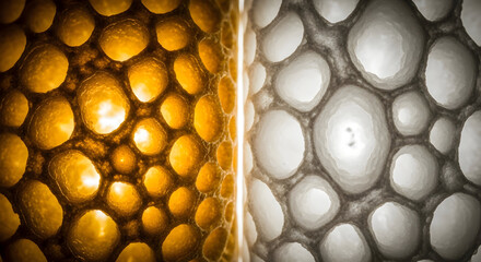 Abstract Cellular Structure with Golden Glow and Grayscale Contrast