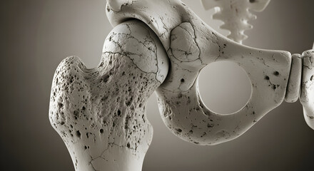 Detailed 3D Illustration of a Human Hip Joint with Osteoporosis and Cracks, Representing Bone Degeneration and Disease
