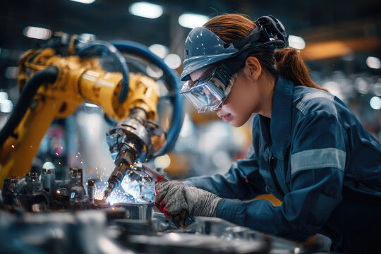 Professional and intelligence female engineer used her technical hard skill to fix, repair or maintenance machine robotic arm in factory or industrial, examining or welding automobile machine workshop
