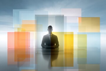 Abstract digital communication with a businessman silhouette and data panels.