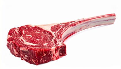 A raw tomahawk steak with rich marbling and a long frenched rib bone lies on a neutral surface