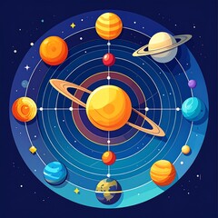 Colorful solar system graphic with planets orbiting a central sun, concentric circles and stars