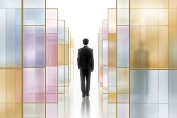 Fototapeta premium A businessman walks towards a bright future through a modern, colorful light corridor.