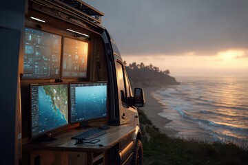 Mobile tech hub in a custom van at sunset, overlooking a scenic ocean vista.