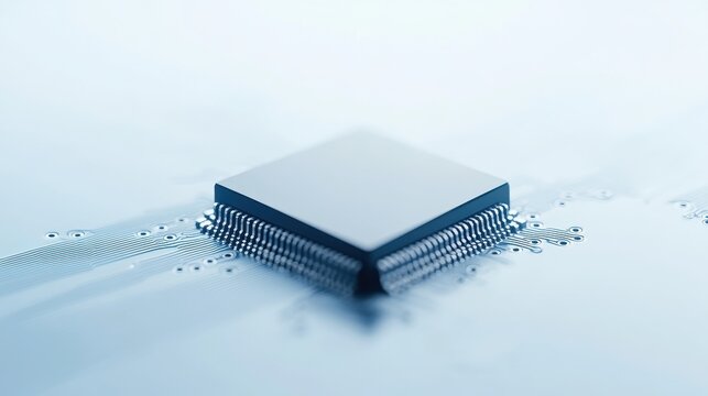 Close-up of a microprocessor on a printed circuit board showcasing detailed electronic connections in a high-tech environment