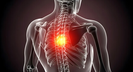 Thoracic Spine Pain Medical Illustration with Glowing Red Area