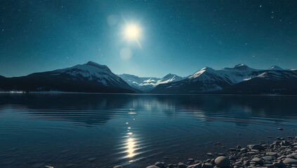 Moonlit mountains reflected in the tranquil lake under a starry night sky
