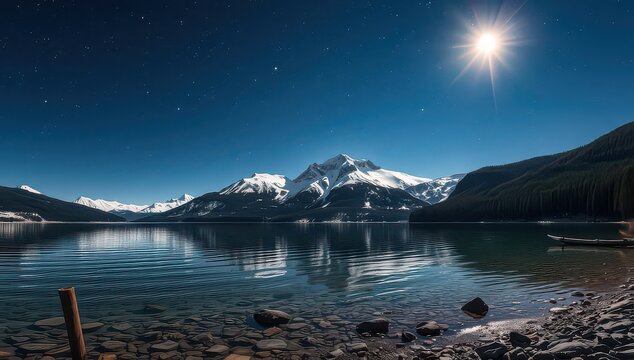 Moonlit mountain lake reflects the starry sky and snowcapped peaks beautifully