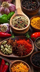 Colorful spice collection on a rustic wooden surface