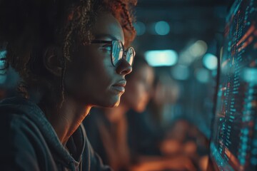 Focused young woman in glasses coding on a computer screen, dark tech environment.
