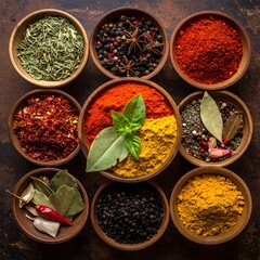 Colorful spices in small bowls