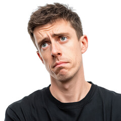 Obraz premium Young man png thoughtful man png serious man png black tshirt man png caucasian man png man portrait png dark hair man png male portrait png transparent background image