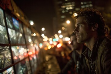 Obraz premium Intense man monitoring multiple security camera feeds in a dynamic urban setting.