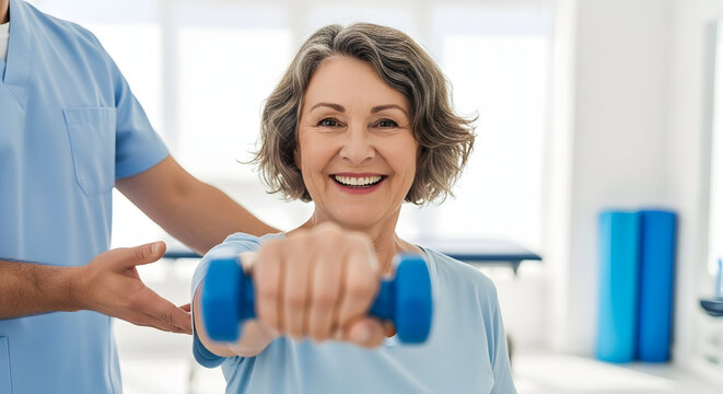 Happy Senior Woman Exercising with Dumbbell During Physical Therapy - Powered by Adobe