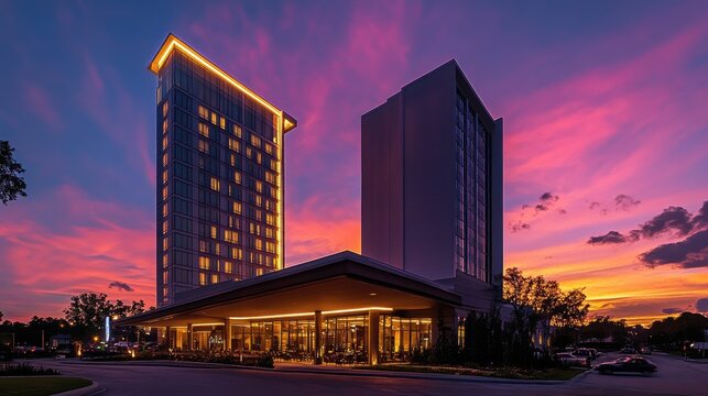 Modern Hotel Building Exterior at Dusk with Vibrant Sunset Sky and Illuminated Architecture in a Urban Setting