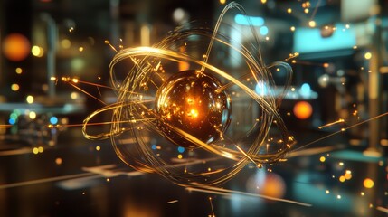 Abstract representation of atomic structure with glowing particles and light trails illustrating dynamic energy in a modern digital environment
