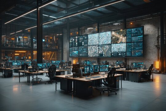 Modern control room with data analytics, IT, and cybersecurity screens.